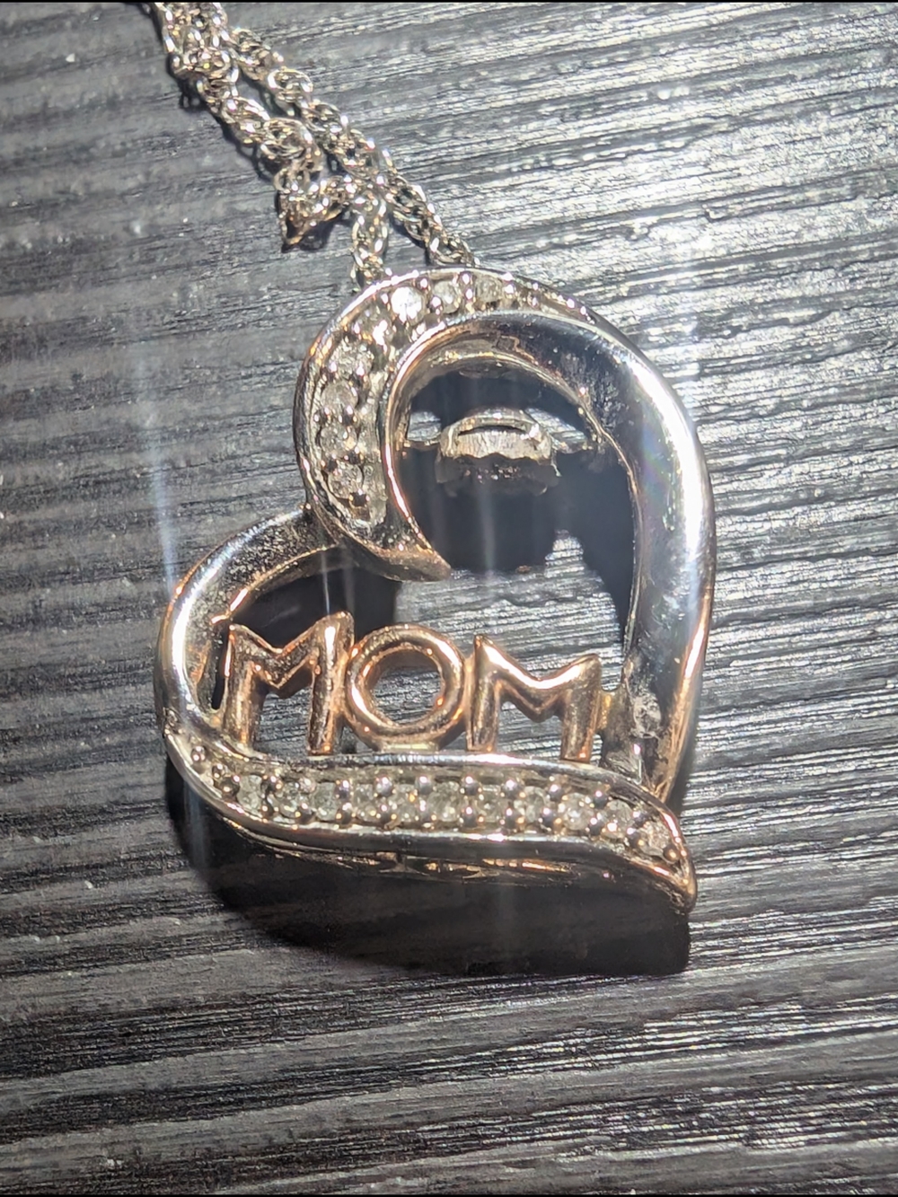 Mom Heart Pendant Necklace in Two-Tone Silver and Rose Gold
